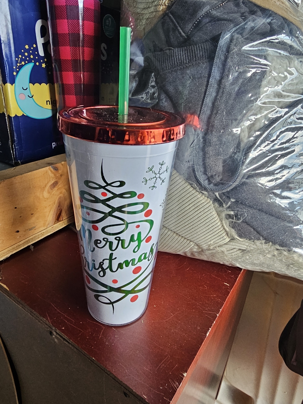 Merry Christmas Holiday Tumbler with Red Metallic Lid and Green Straw